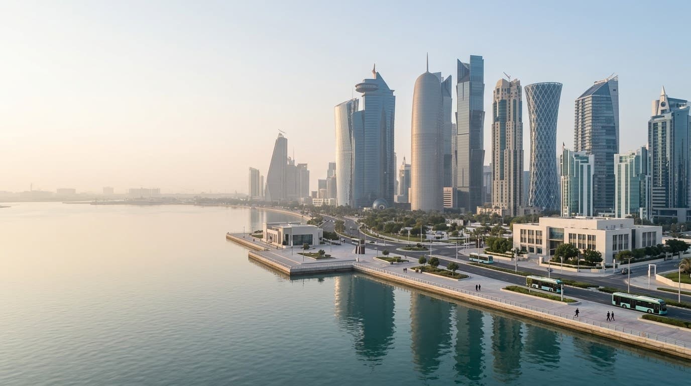 Doha skyline viewed across the bay at dawn.