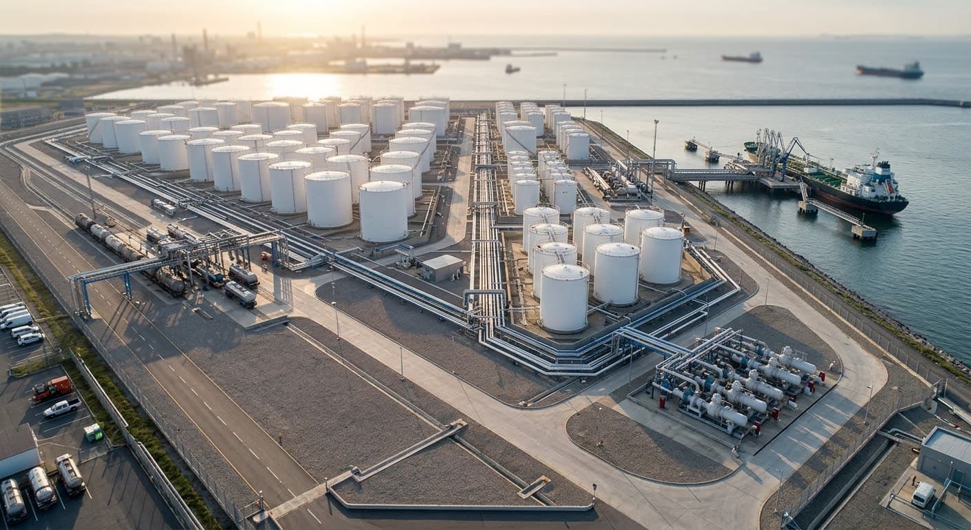Aerial view of chemical and petrochemical storage tanks and pipeline infrastructure at a coastal facility.