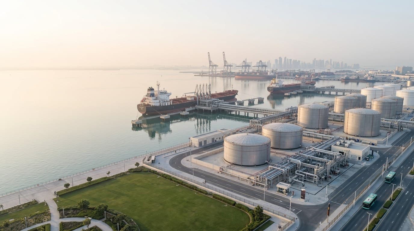 Aerial view of an energy storage terminal with tanker berths and pipeline infrastructure.