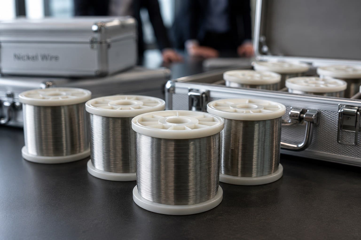 Spools of industrial-grade wire in a manufacturing or materials-handling context.