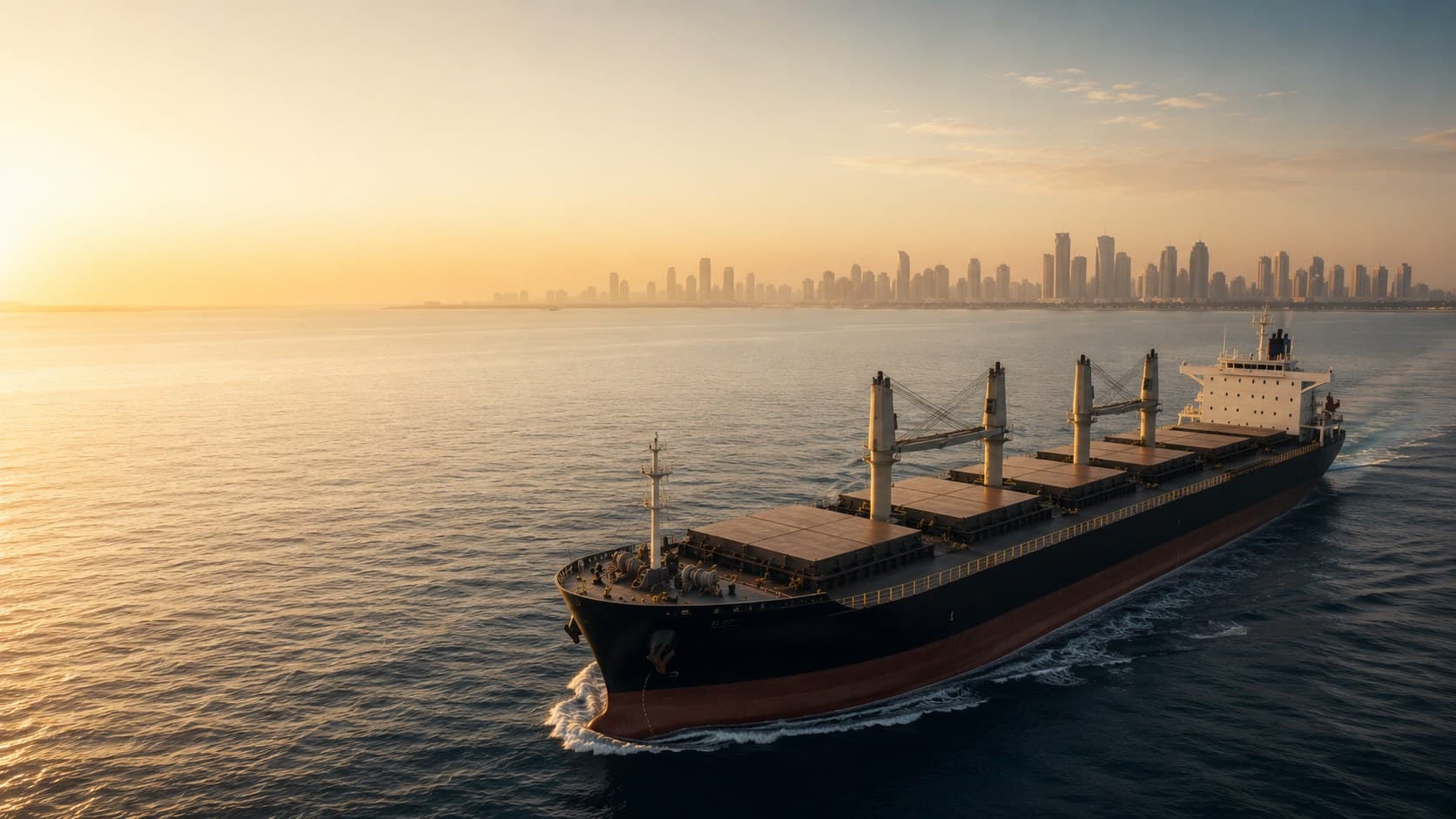 A bulk carrier vessel underway at sunrise, with a Gulf coastal skyline visible in the distance.